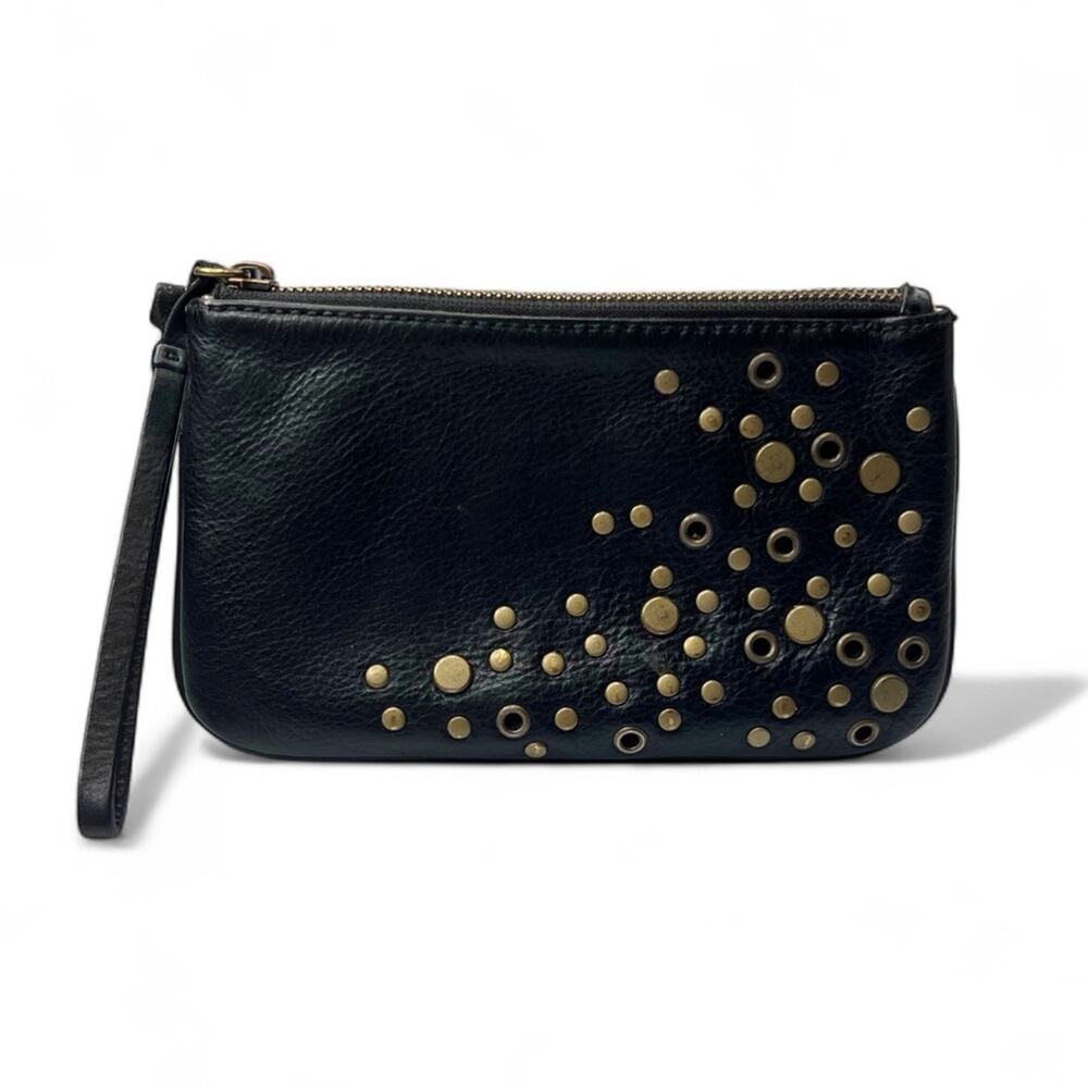 J Crew Black Leather Wristlet Wallet Gold Studded Grommet Embellished Clutch Bag